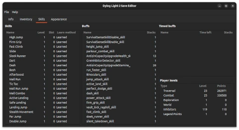 Skill editor view with a list of skills, buffs, timed buffs and player levels (traversal, combat, exploration, world, inhibitors and legend points).