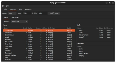Inventory editor view with a list of inventory items.